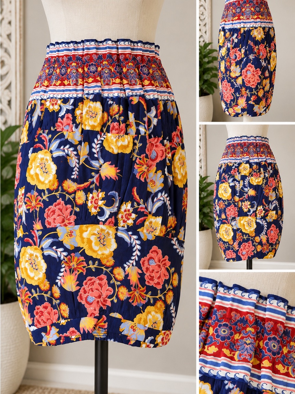 Soft Surroundings Navy Floral Elastic-Waist Midi Skirt
